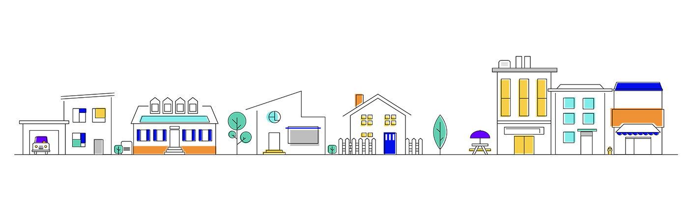 Illustration of a residential neighborhood, using black lines and colors